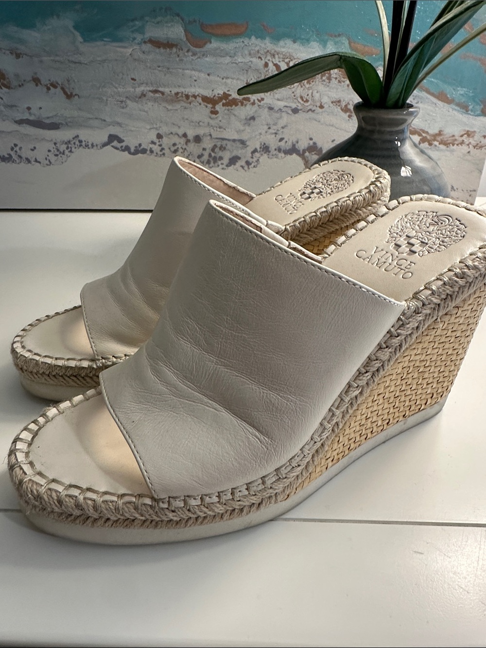 Vince Camuto Brissia Cream Leather Wedge Espadrille Mules - Picture 2 of 4